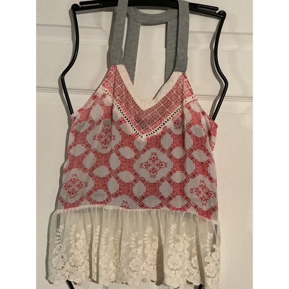 Jolt Tops - Jolt Womens Red Tile Print Lace Peplum Halter Top Gray Racerback Small